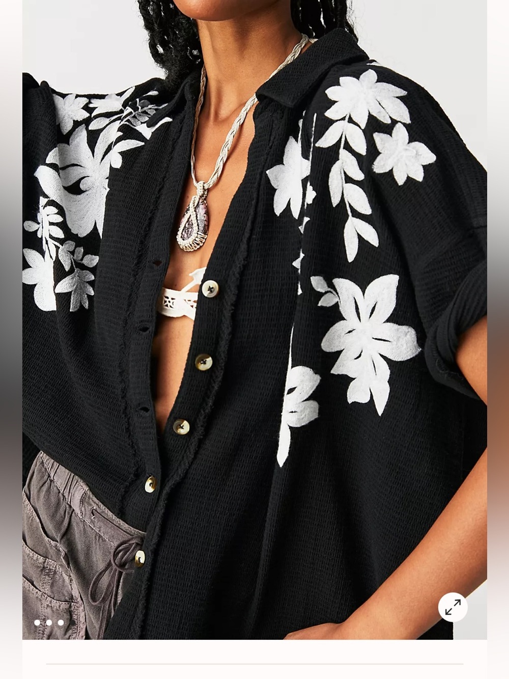 We The Free People Flowers Oversized Embroidered Shirt Black White Button Up - Picture 3 of 11